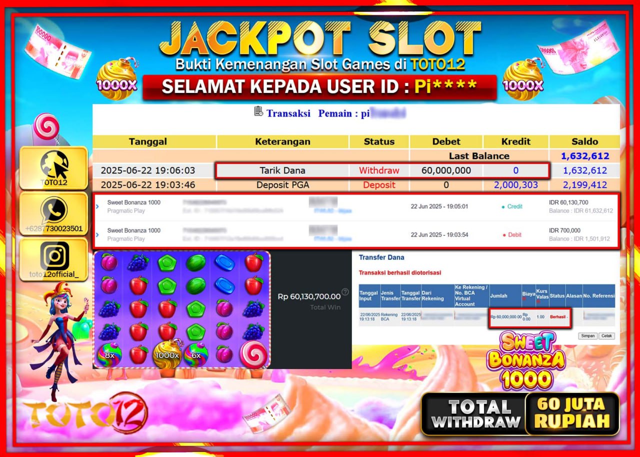 HANYA DI TOTO12 JP PASTI DI BAYAR LUNAS DAN CEPAT!!!!!! JACKPOT SLOT GAME (SWEET BONANZA 1000) Rp.60.000.000 !!!!
