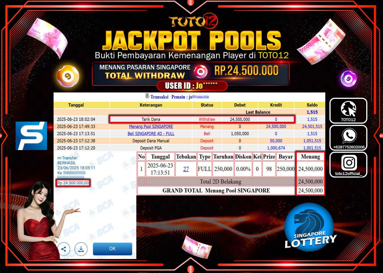 HANYA DI TOTO12 JP PASTI DI BAYAR LUNAS DAN CEPAT!!!!!! JACKPOT POOLS PASARAN (SINGAPORE) Rp.24.500.000 !!!!