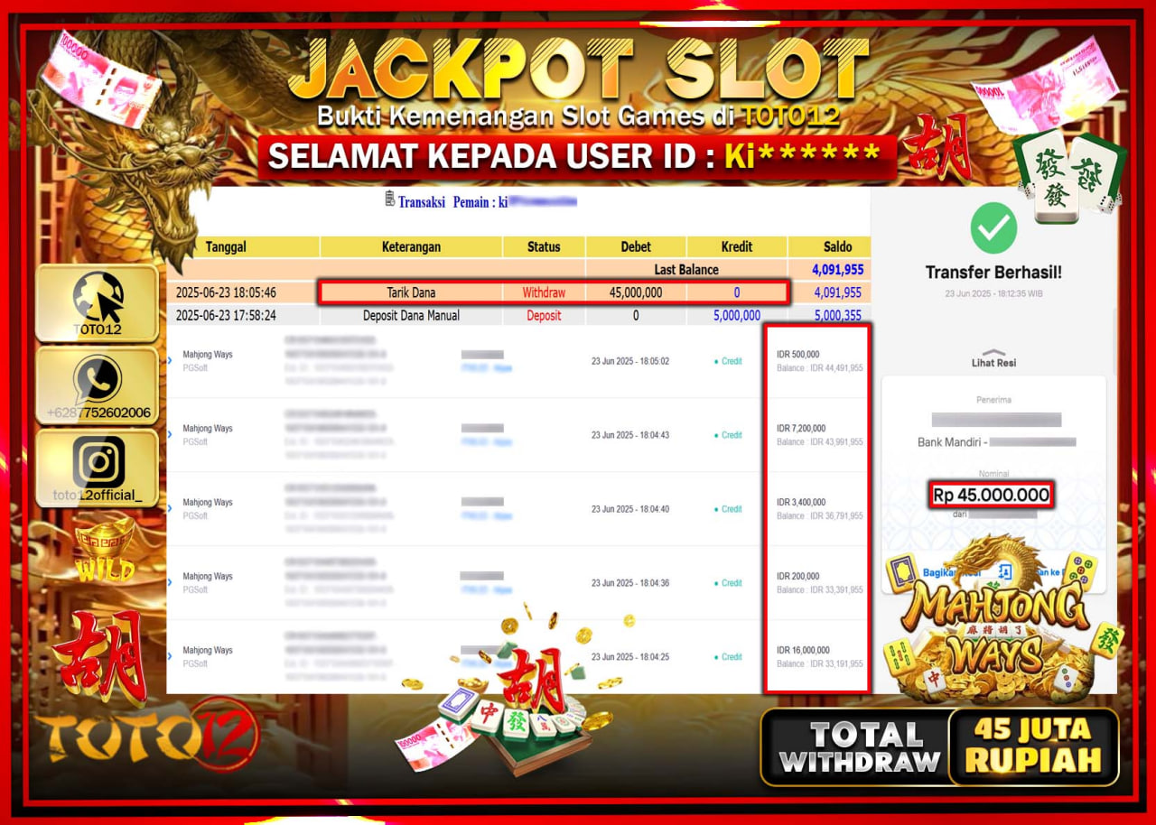 HANYA DI TOTO12 JP PASTI DI BAYAR LUNAS DAN CEPAT!!!!!! JACKPOT SLOT GAME (MAHJONG WAYS) Rp.45.000.000 !!!!