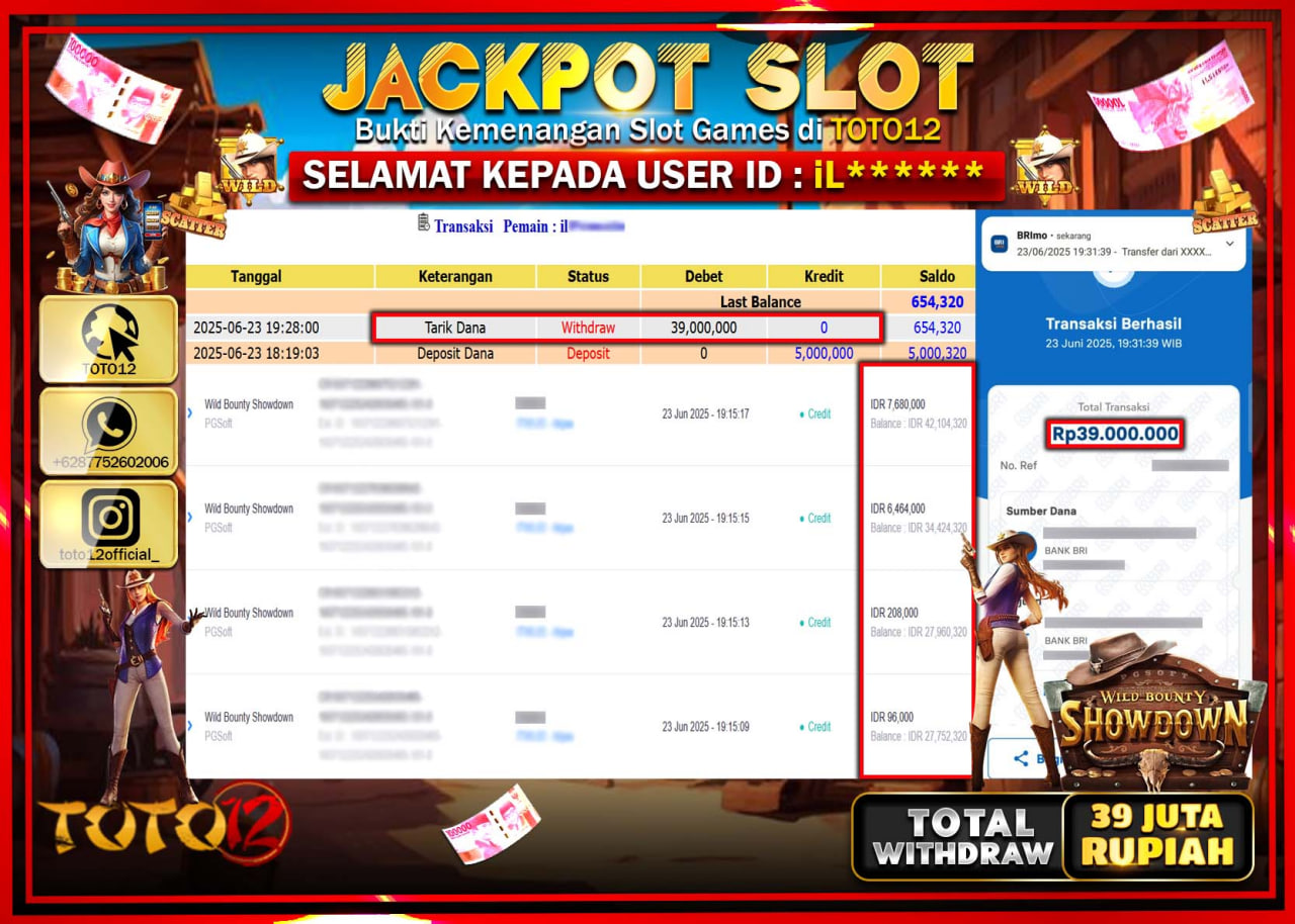 HANYA DI TOTO12 JP PASTI DI BAYAR LUNAS DAN CEPAT!!!!!! JACKPOT SLOT GAME (WILD BOUNTY SHOWDOWN) Rp.39.000.000 !!!!
