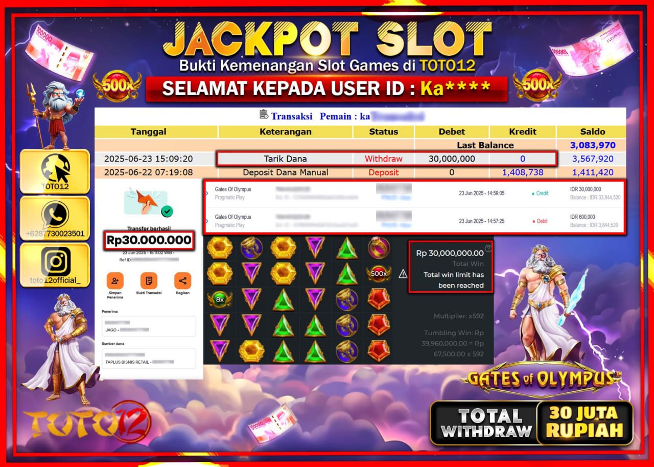 HANYA DI TOTO12 JP PASTI DI BAYAR LUNAS DAN CEPAT!!!!!! JACKPOT SLOT GAME (GATES OF OLYMPUS) Rp.30.000.000 !!!!