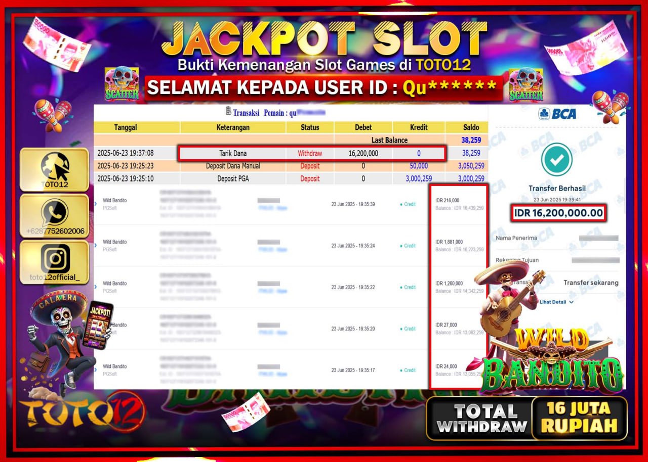 HANYA DI TOTO12 JP PASTI DI BAYAR LUNAS DAN CEPAT!!!!!! JACKPOT SLOT GAME (WILD BANDITO) Rp.16.000.000 !!!!