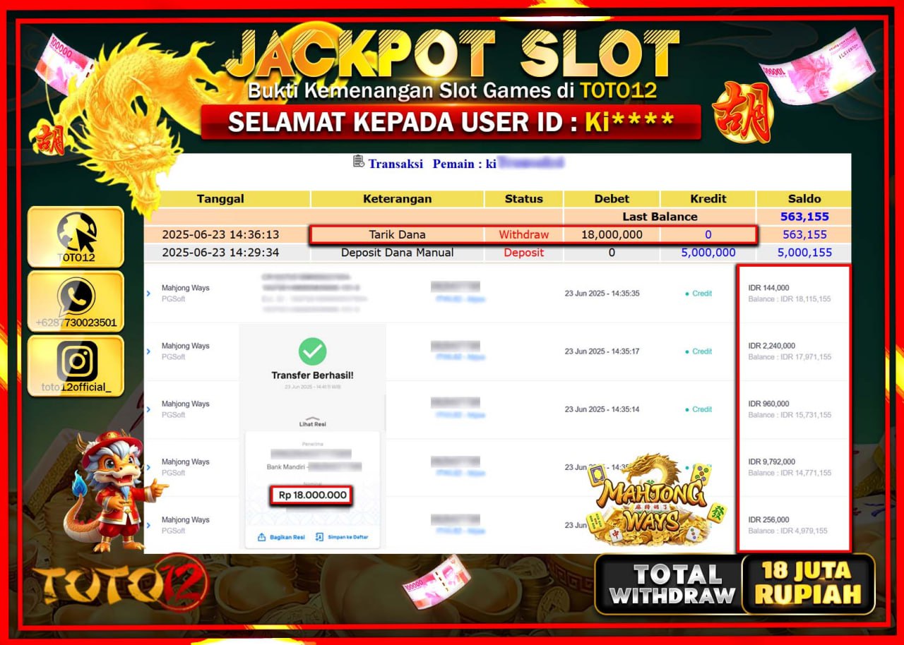 HANYA DI TOTO12 JP PASTI DI BAYAR LUNAS DAN CEPAT!!!!!! JACKPOT SLOT GAME (MAHJONG WAYS) Rp.18.000.000 !!!!
