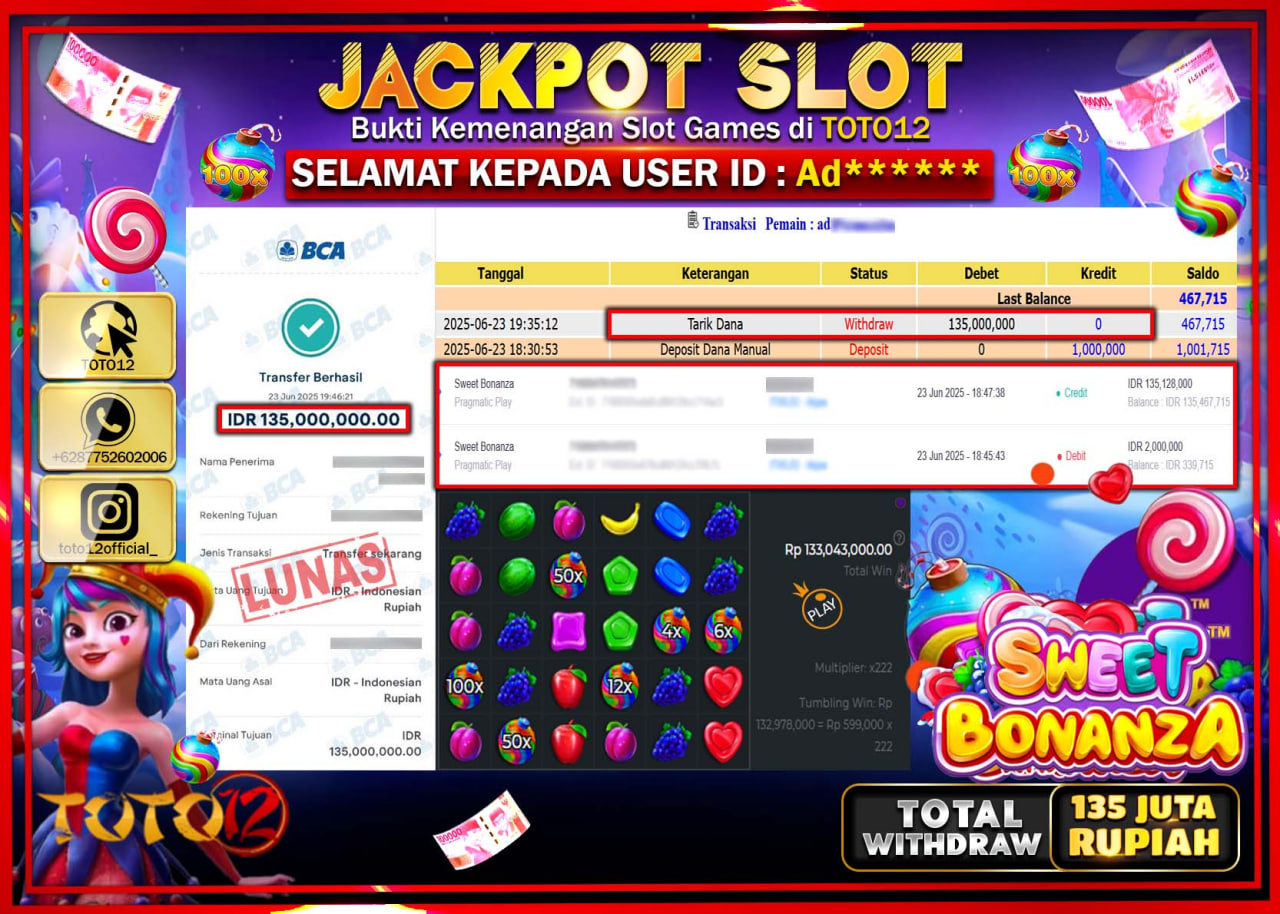 HANYA DI TOTO12 JP PASTI DI BAYAR LUNAS DAN CEPAT!!!!!! JACKPOT SLOT GAME (SWEET BONANZA) Rp.135.000.000 !!!!