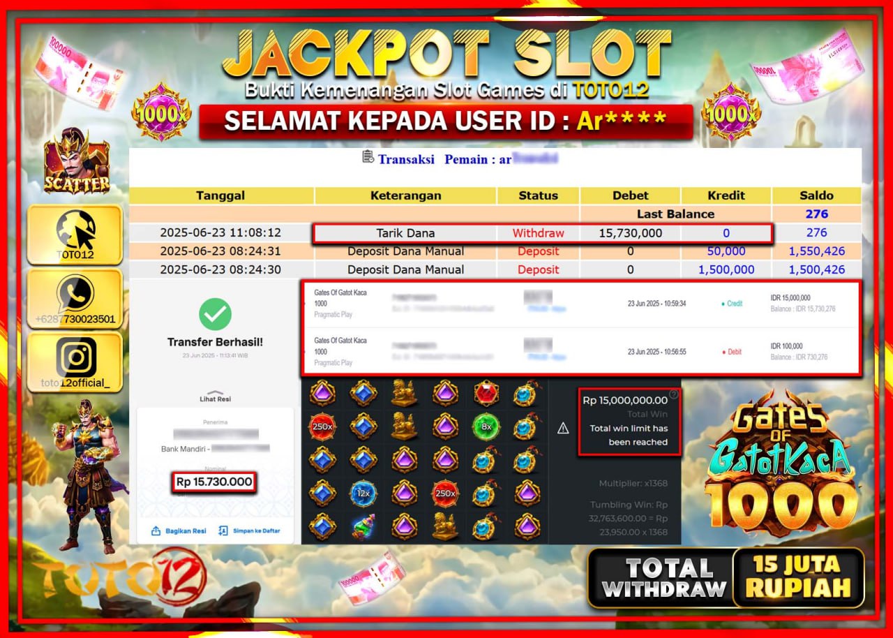 HANYA DI TOTO12 JP PASTI DI BAYAR LUNAS DAN CEPAT!!!!!! JACKPOT SLOT GAME (GATES OF GATOT KACA 1000) Rp.15.000.000 !!!!