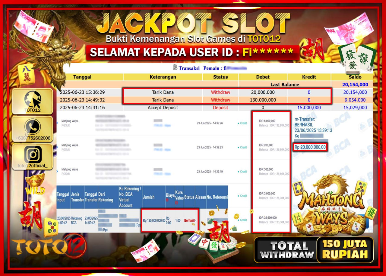 HANYA DI TOTO12 JP PASTI DI BAYAR LUNAS DAN CEPAT!!!!!! JACKPOT SLOT GAME (MAHJONG WAYS) Rp.150.000.000 !!!!