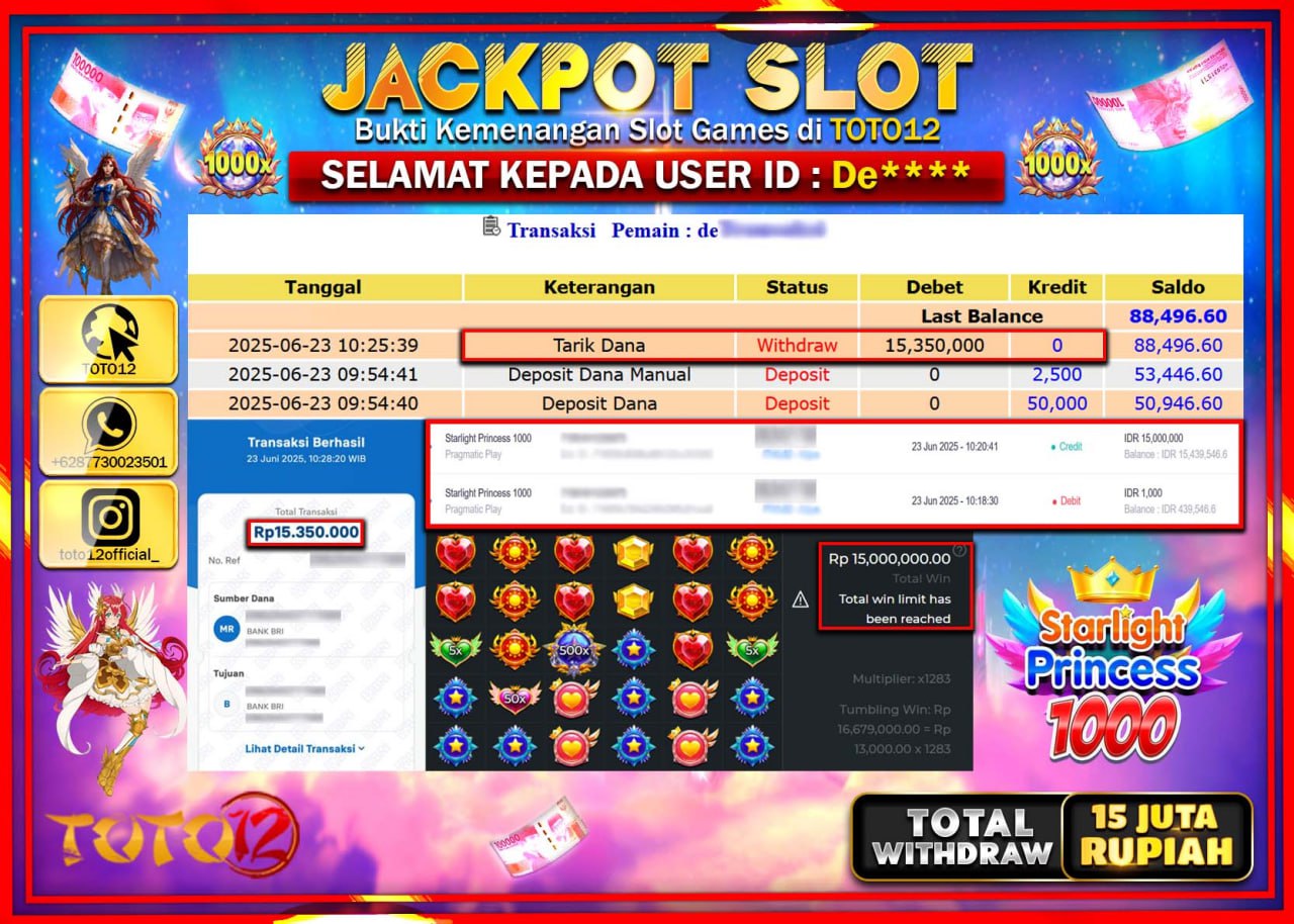 HANYA DI TOTO12 JP PASTI DI BAYAR LUNAS DAN CEPAT!!!!!! JACKPOT SLOT GAME (STARLIGHT PRINCESS 1000) Rp.15.000.000 !!!!