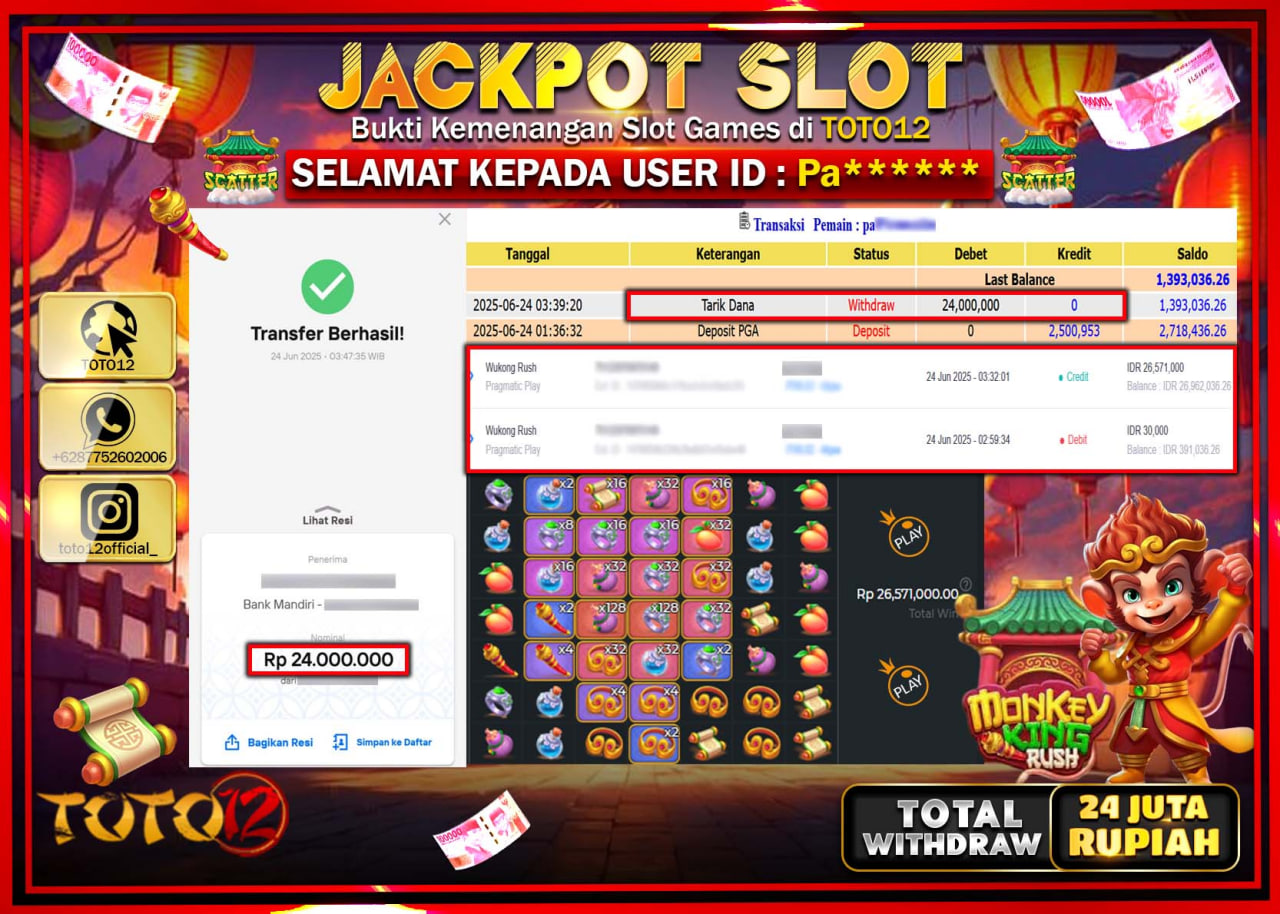 HANYA DI TOTO12 JP PASTI DI BAYAR LUNAS DAN CEPAT!!!!!! JACKPOT SLOT GAME (WUKONG RUSH) Rp.24.000.000 !!!!