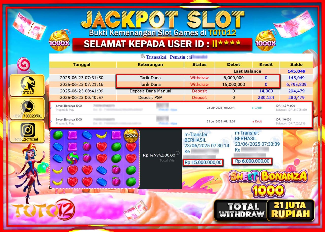 HANYA DI TOTO12 JP PASTI DI BAYAR LUNAS DAN CEPAT!!!!!! JACKPOT SLOT GAME (SWEET BONANZA 1000) Rp.21.000.000 !!!!