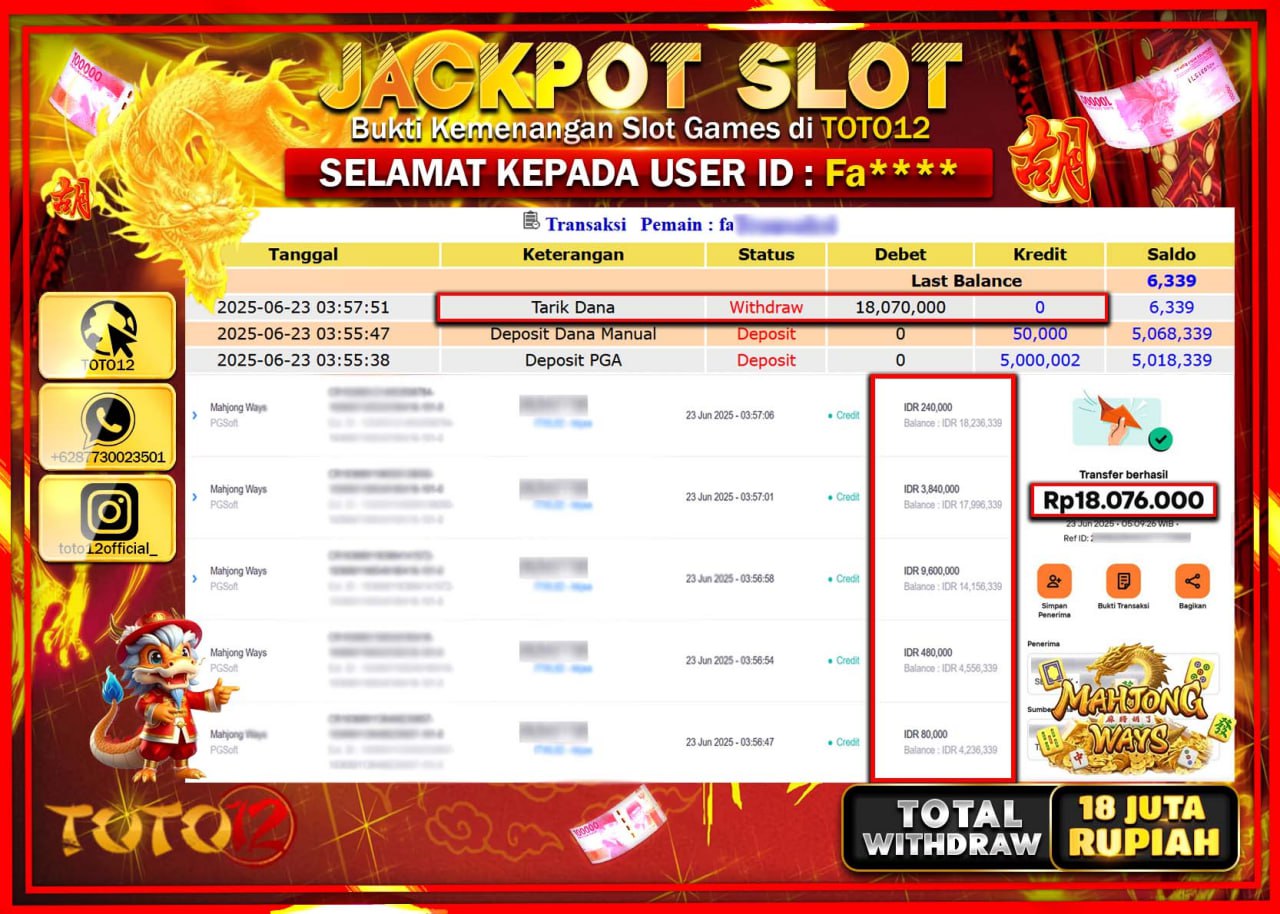 HANYA DI TOTO12 JP PASTI DI BAYAR LUNAS DAN CEPAT!!!!!! JACKPOT SLOT GAME (MAHJONG WAYS) Rp.18.000.000 !!!!