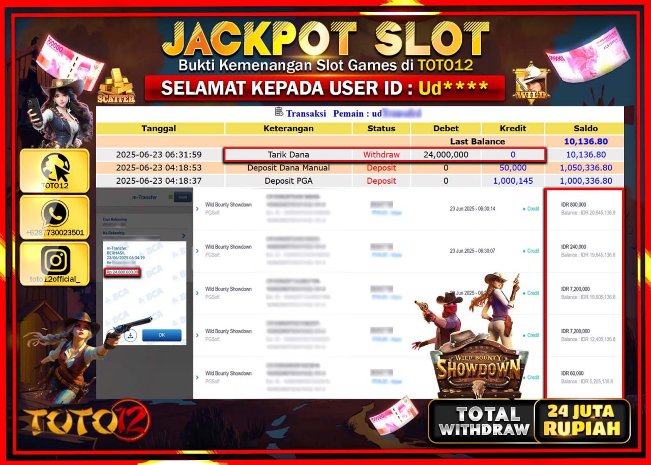 HANYA DI TOTO12 JP PASTI DI BAYAR LUNAS DAN CEPAT!!!!!! JACKPOT SLOT GAME (WILD BOUNTY SHOWDOWN) Rp.24.000.000 !!!!