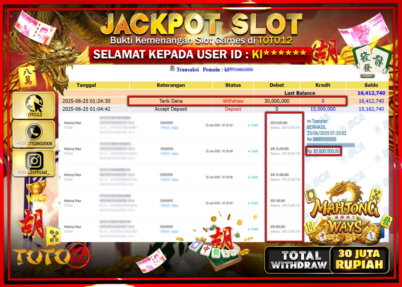 HANYA DI TOTO12 JP PASTI DI BAYAR LUNAS DAN CEPAT!!!!!! JACKPOT SLOT GAME (MAHJONG WAYS) Rp.30.000.000 !!!!
