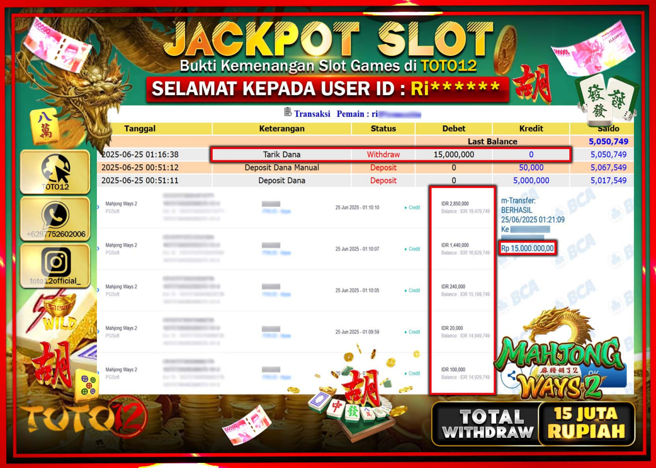 HANYA DI TOTO12 JP PASTI DI BAYAR LUNAS DAN CEPAT!!!!!! JACKPOT SLOT GAME (MAHJONG WAYS 2) Rp.15.000.000 !!!!