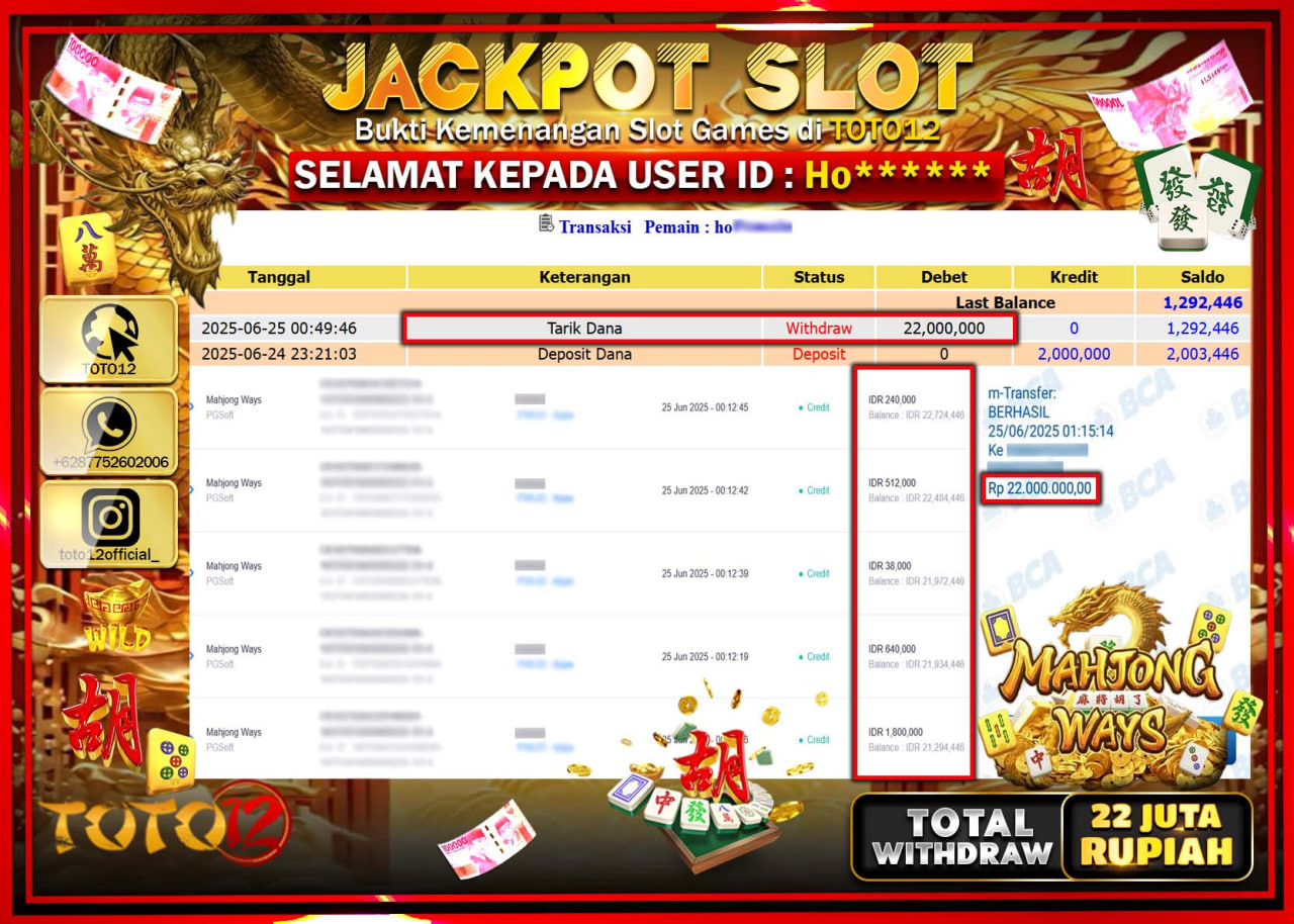 HANYA DI TOTO12 JP PASTI DI BAYAR LUNAS DAN CEPAT!!!!!! JACKPOT SLOT GAME (MAHJONG WAYS) Rp.22.000.000 !!!!