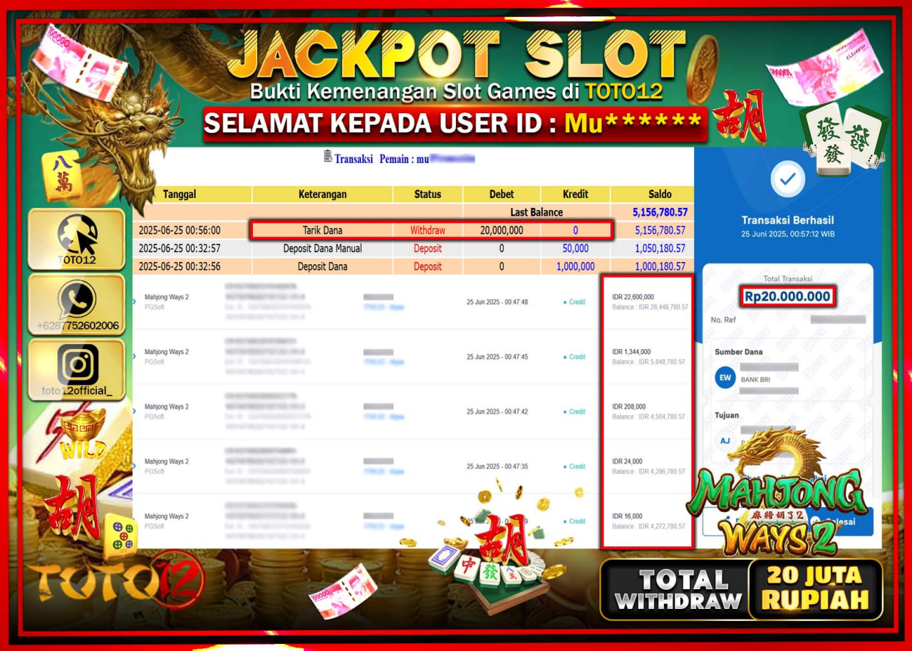 HANYA DI TOTO12 JP PASTI DI BAYAR LUNAS DAN CEPAT!!!!!! JACKPOT SLOT GAME (MAHJONG WAYS 2) Rp.20.000.000 !!!!