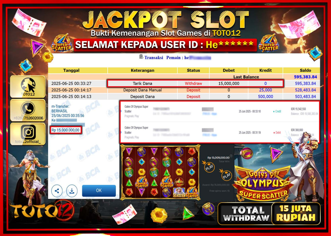 HANYA DI TOTO12 JP PASTI DI BAYAR LUNAS DAN CEPAT!!!!!! JACKPOT SLOT GAME (GATES OF OLYMPUS SUPER SCATTER) Rp.15.000.000 !!!!