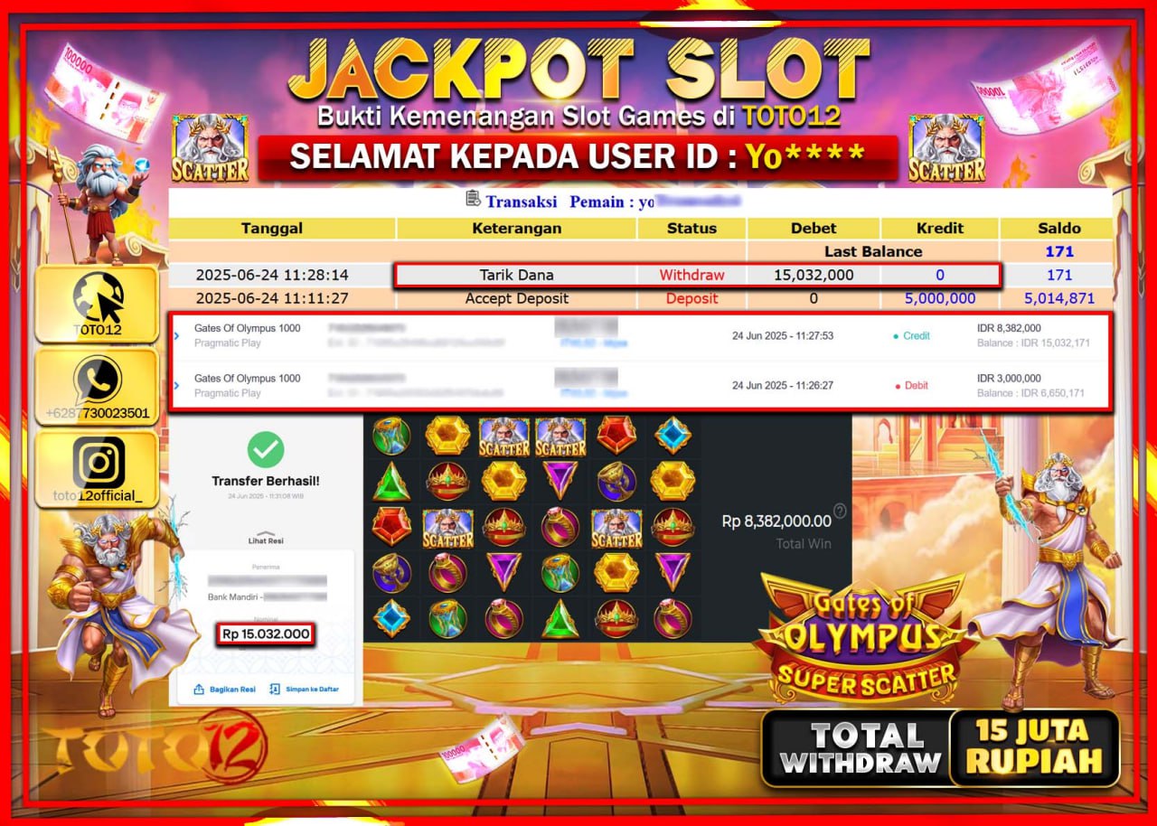 HANYA DI TOTO12 JP PASTI DI BAYAR LUNAS DAN CEPAT!!!!!! JACKPOT SLOT GAME (GATES OF OLYMPUS SUPER SCATTER) Rp.15.000.000 !!!!