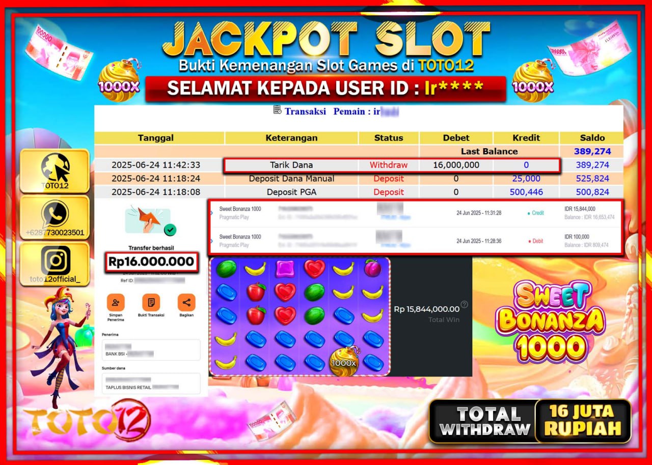HANYA DI TOTO12 JP PASTI DI BAYAR LUNAS DAN CEPAT!!!!!! JACKPOT SLOT GAME (SWEET BONANZA 1000) Rp.16.000.000 !!!!