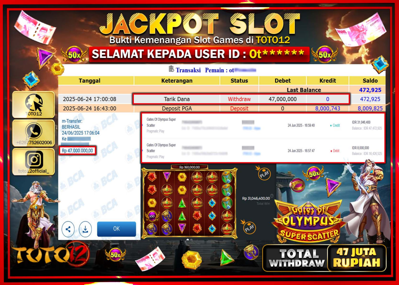 HANYA DI TOTO12 JP PASTI DI BAYAR LUNAS DAN CEPAT!!!!!! JACKPOT SLOT GAME (GATES OF OLYLMPUS SUPER SCATTER) Rp.47.000.000 !!!!