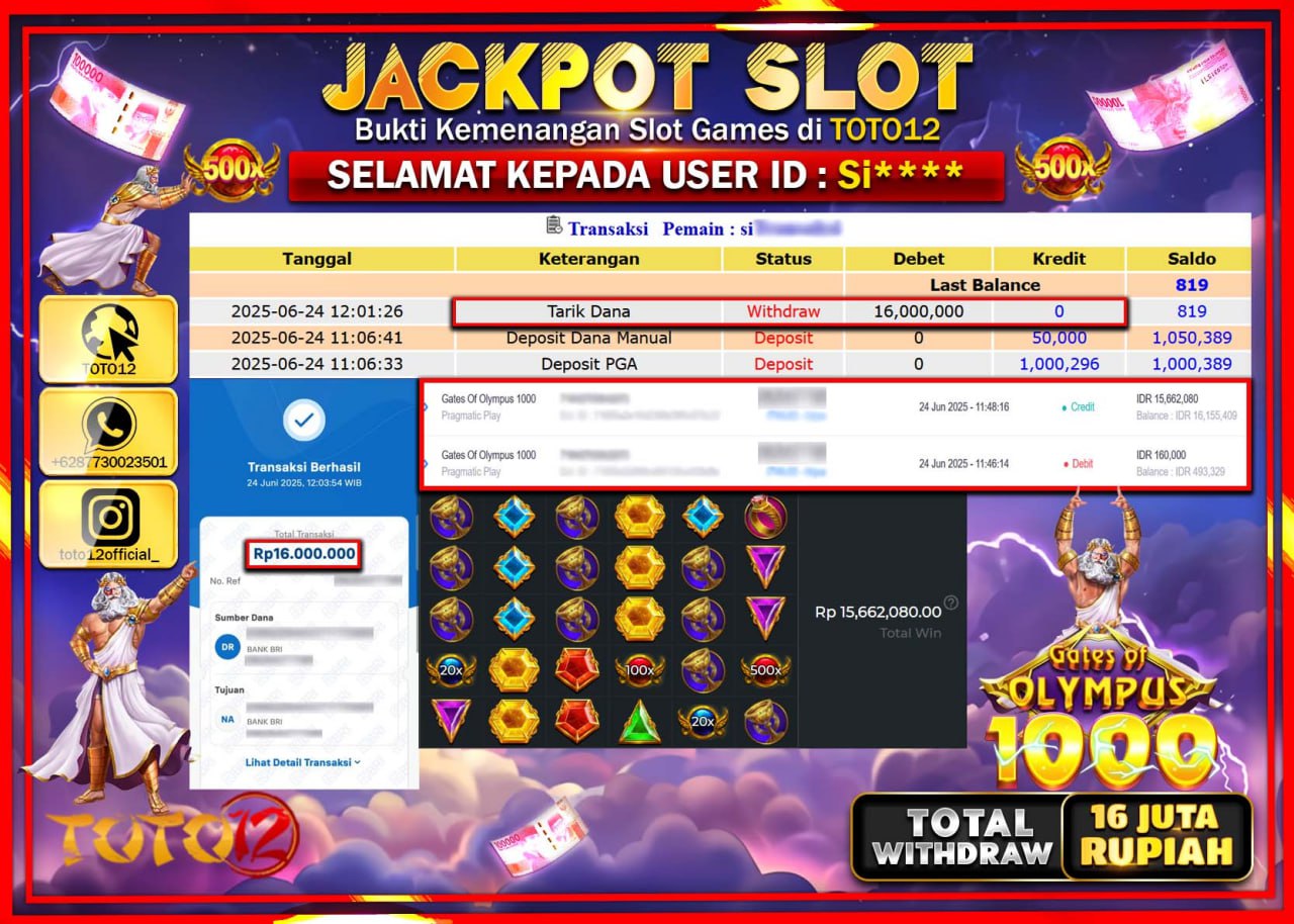 HANYA DI TOTO12 JP PASTI DI BAYAR LUNAS DAN CEPAT!!!!!! JACKPOT SLOT GAME (GATES OF OLYMPUS 1000) Rp.16.000.000 !!!!