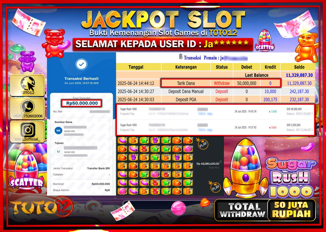 HANYA DI TOTO12 JP PASTI DI BAYAR LUNAS DAN CEPAT!!!!!! JACKPOT SLOT GAME (SUGAR RUSH 1000) Rp.50.000.000 !!!!