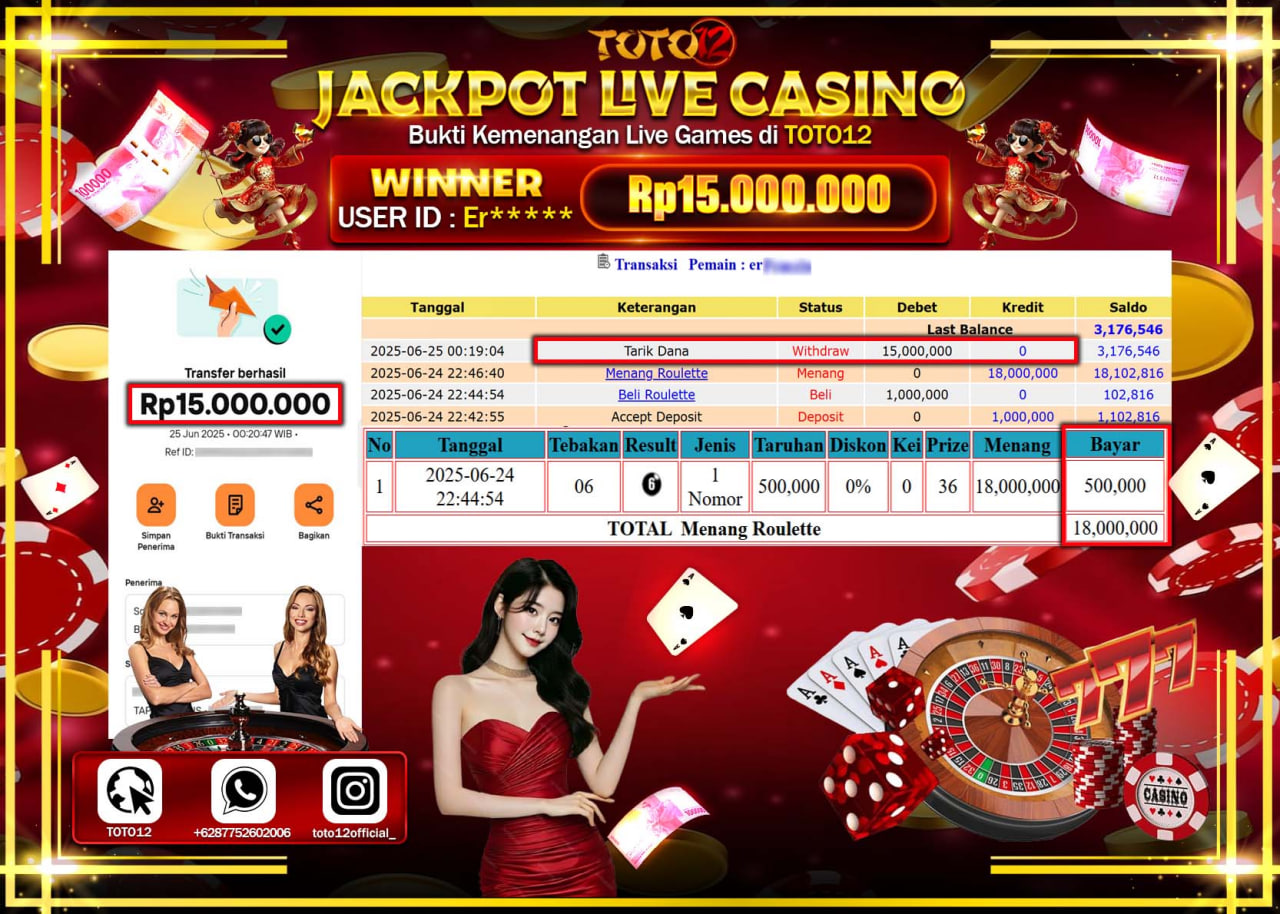 HANYA DI TOTO12 JP PASTI DI BAYAR LUNAS DAN CEPAT!!!!!! JACKPOT LIVE GAMES CASINO (ROULETTE) Rp.15.000.000 !!!!