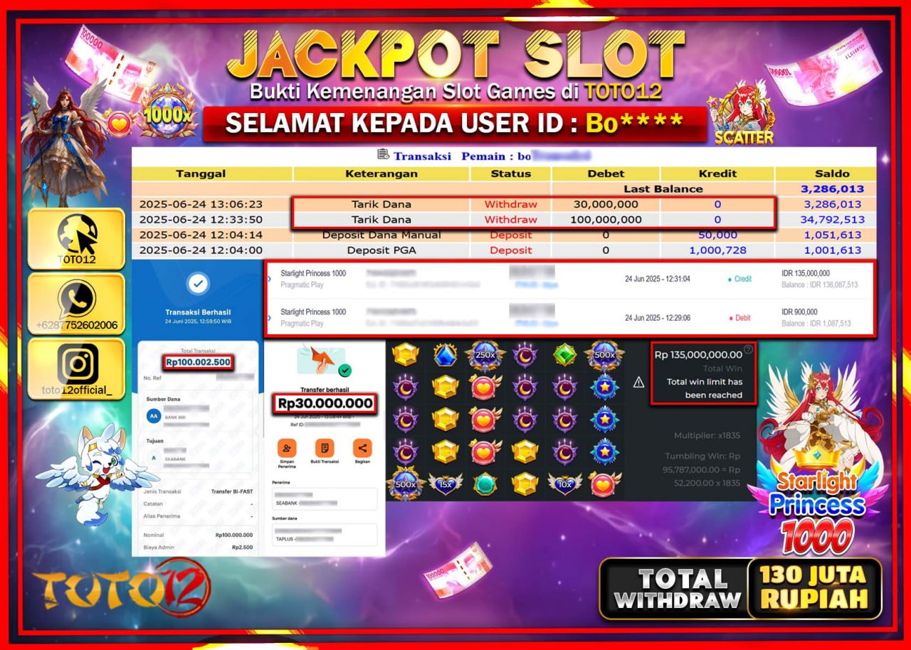 HANYA DI TOTO12 JP PASTI DI BAYAR LUNAS DAN CEPAT!!!!!! JACKPOT SLOT GAME (STARLIGHT PRINCESS 1000) Rp.130.000.000 !!!!