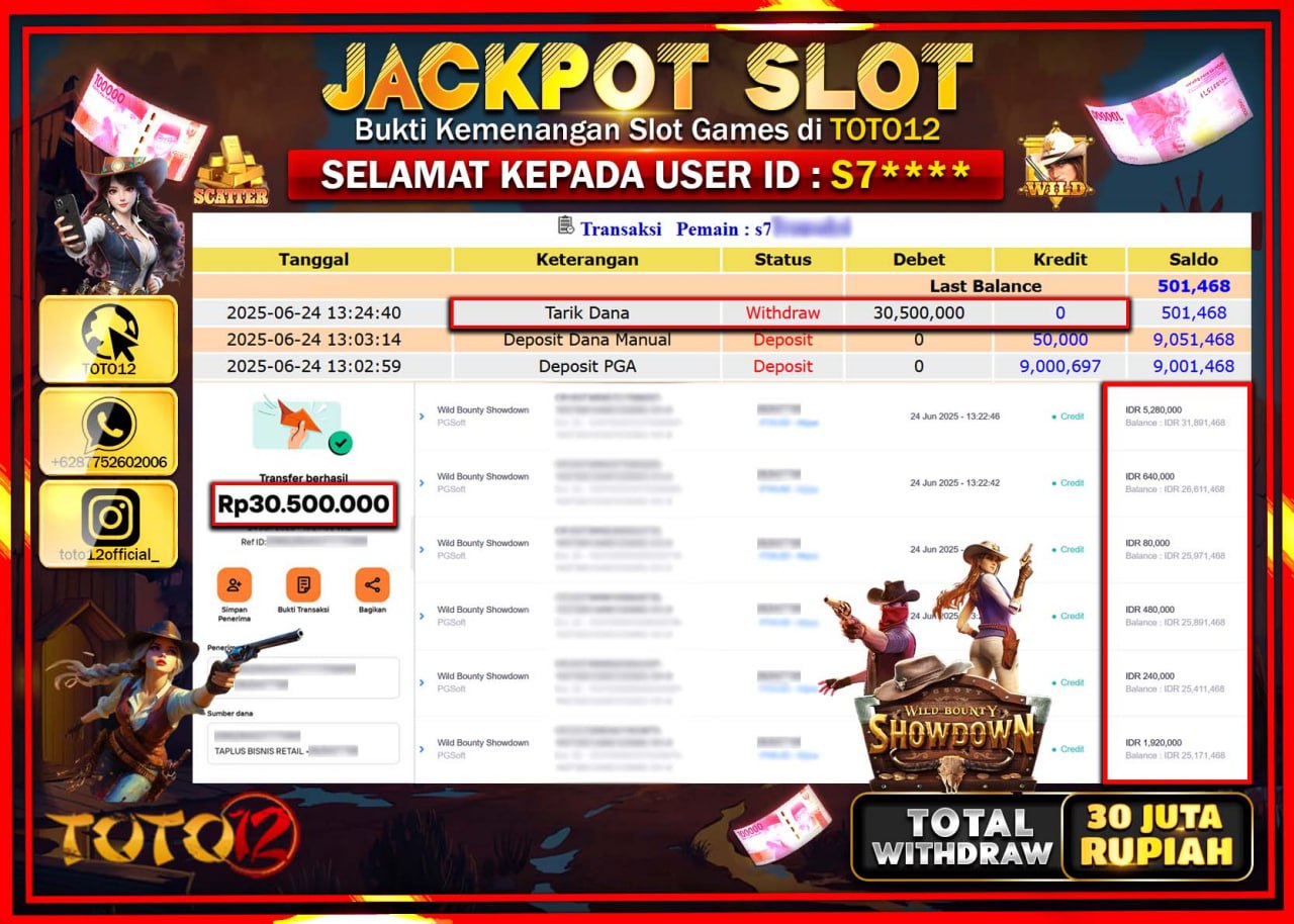 HANYA DI TOTO12 JP PASTI DI BAYAR LUNAS DAN CEPAT!!!!!! JACKPOT SLOT GAME (WILD BOUNTY SHOWDOWN) Rp.30.000.000 !!!!