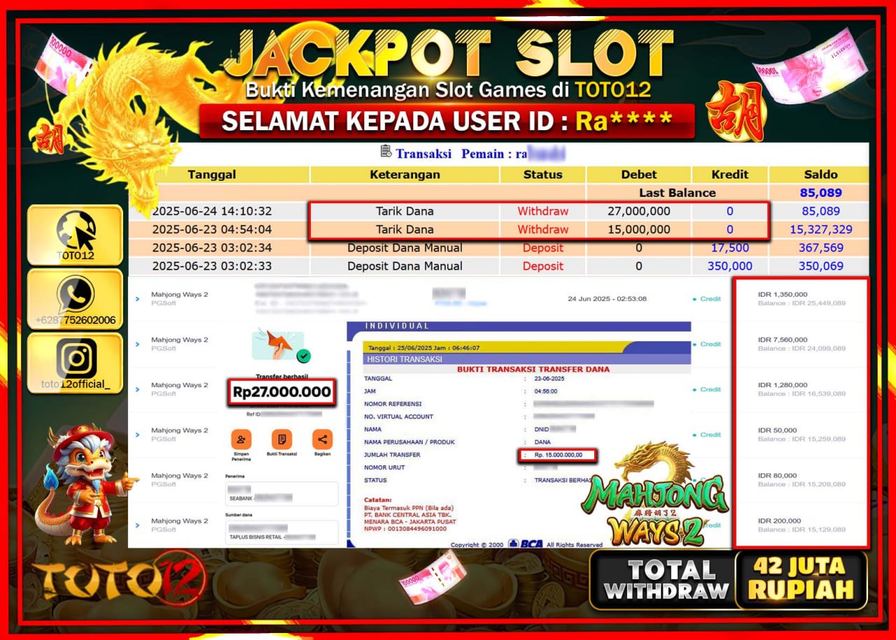 HANYA DI TOTO12 JP PASTI DI BAYAR LUNAS DAN CEPAT!!!!!! JACKPOT SLOT GAME (MAHJONG WAYS 2) Rp.42.000.000 !!!!