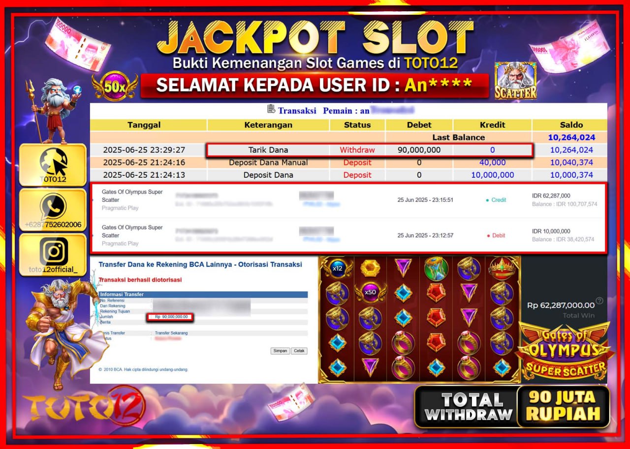 HANYA DI TOTO12 JP PASTI DI BAYAR LUNAS DAN CEPAT!!!!!! JACKPOT SLOT GAME (GATES OF OLYMPUS SUPER SCATTER) Rp.90.000.000 !!!!