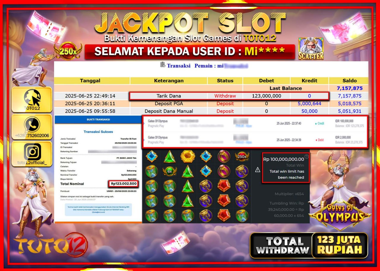 HANYA DI TOTO12 JP PASTI DI BAYAR LUNAS DAN CEPAT!!!!!! JACKPOT SLOT GAME (GATES OF OLYMPUS) Rp.123.000.000 !!!!