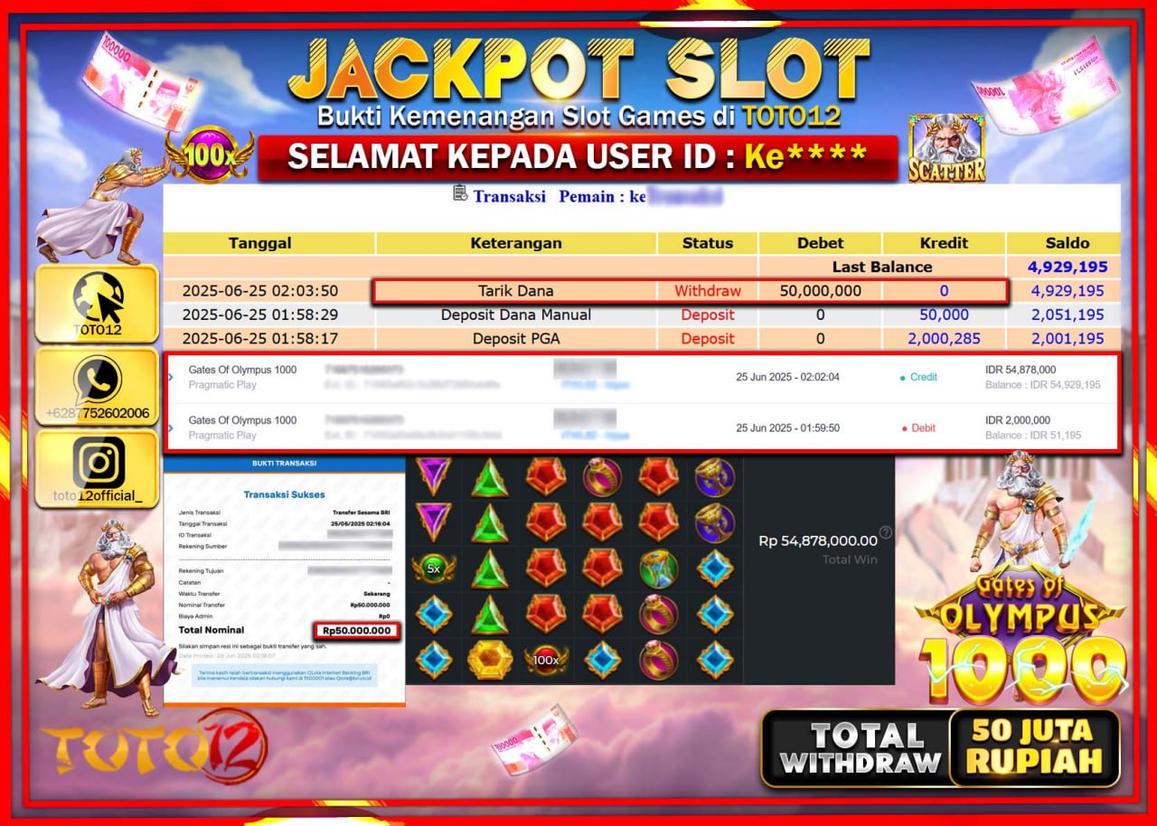 HANYA DI TOTO12 JP PASTI DI BAYAR LUNAS DAN CEPAT!!!!!! JACKPOT SLOT GAME (GATES OF OLYMPUS 1000) Rp.50.000.000 !!!!
