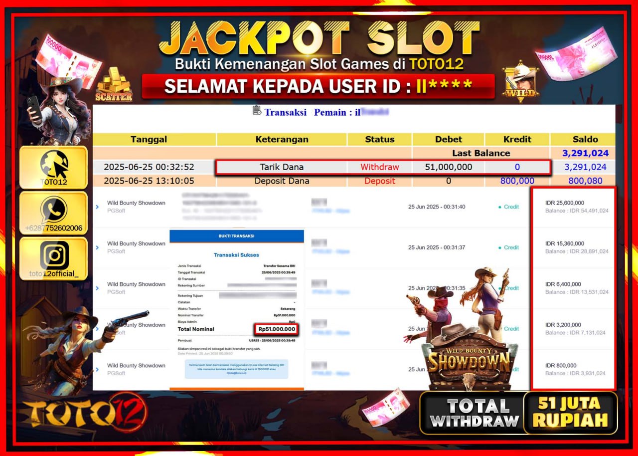 HANYA DI TOTO12 JP PASTI DI BAYAR LUNAS DAN CEPAT!!!!!! JACKPOT SLOT GAME (WILD BOUNTY SHOWDOWN) Rp.51.000.000 !!!!