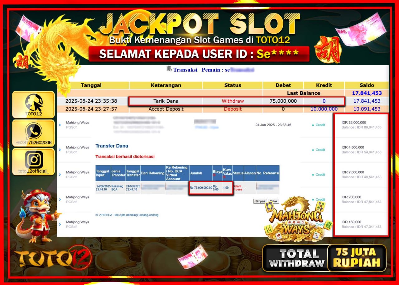 HANYA DI TOTO12 JP PASTI DI BAYAR LUNAS DAN CEPAT!!!!!! JACKPOT SLOT GAME (MAHJONG WAYS) Rp.75.000.000 !!!!