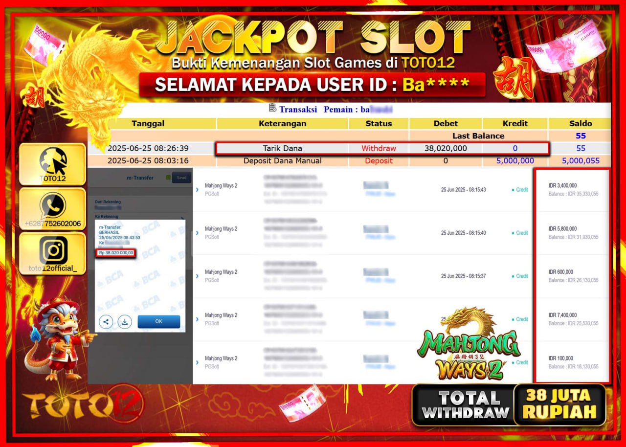HANYA DI TOTO12 JP PASTI DI BAYAR LUNAS DAN CEPAT!!!!!! JACKPOT SLOT GAME (MAHJONG WAYS 2) Rp.38.000.000 !!!!