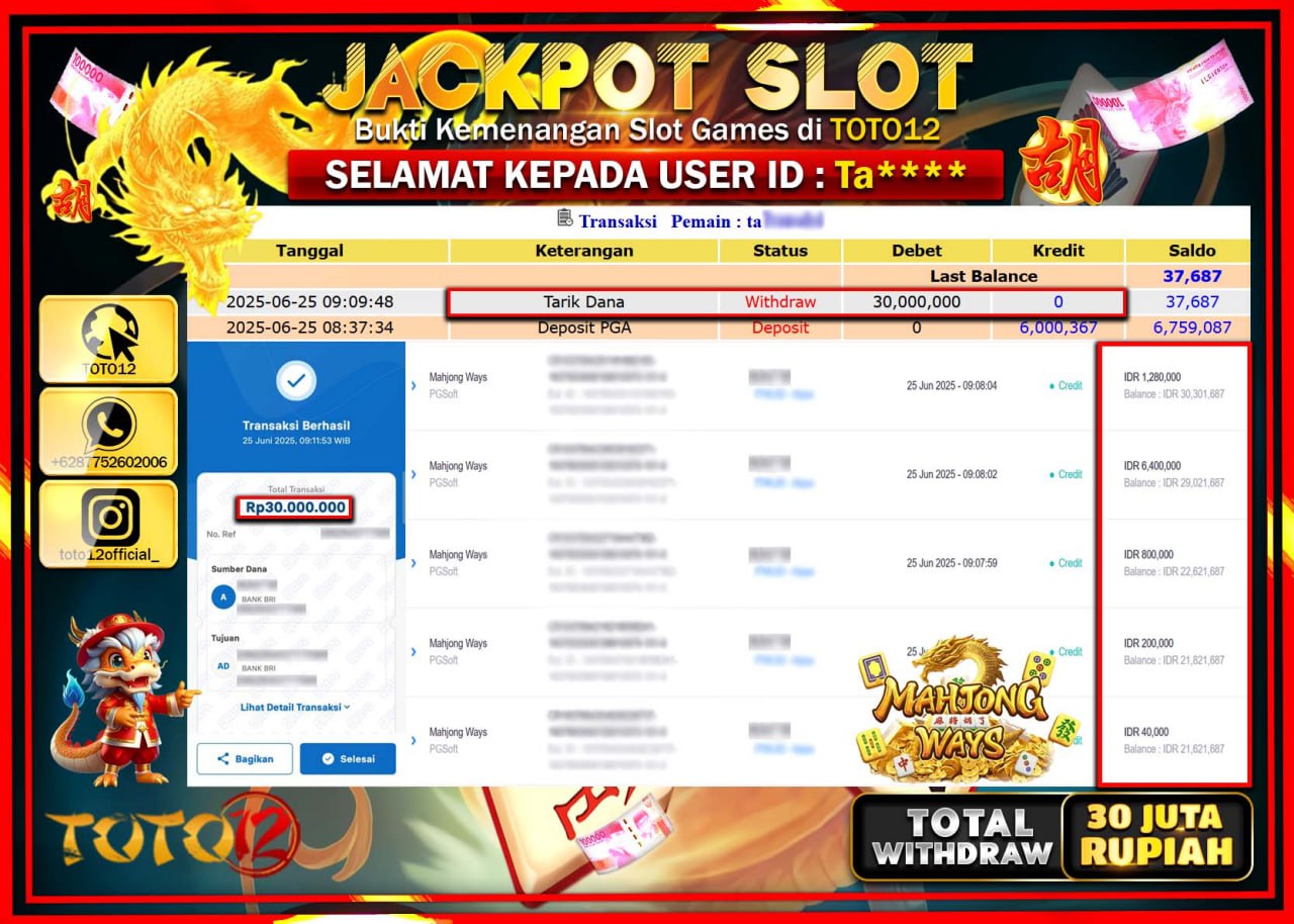 HANYA DI TOTO12 JP PASTI DI BAYAR LUNAS DAN CEPAT!!!!!! JACKPOT SLOT GAME (MAHJONG WAYS) Rp.30.000.000 !!!!