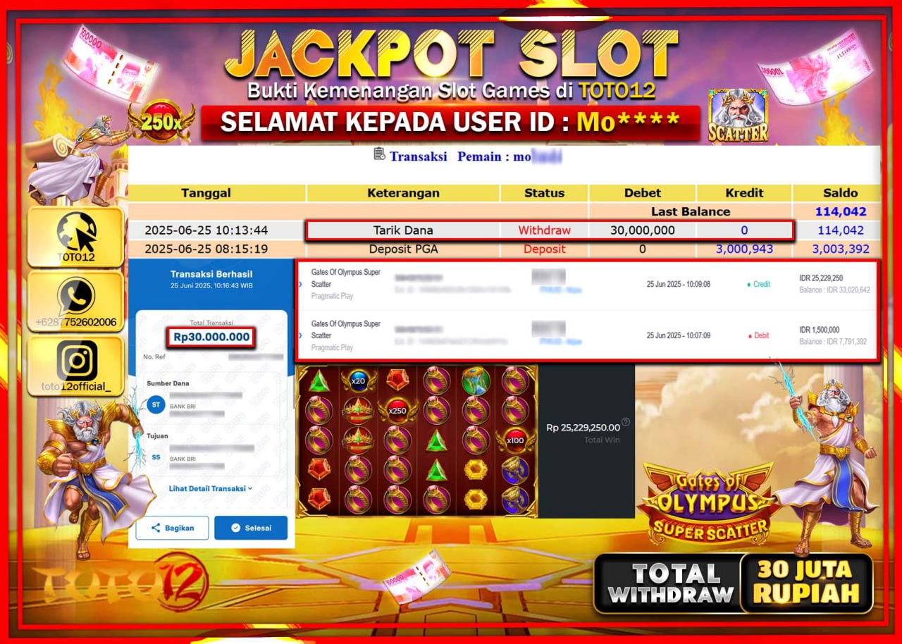 HANYA DI TOTO12 JP PASTI DI BAYAR LUNAS DAN CEPAT!!!!!! JACKPOT SLOT GAME (GATES OF OLYMPUS SUPER SCATTER) Rp.30.000.000 !!!!