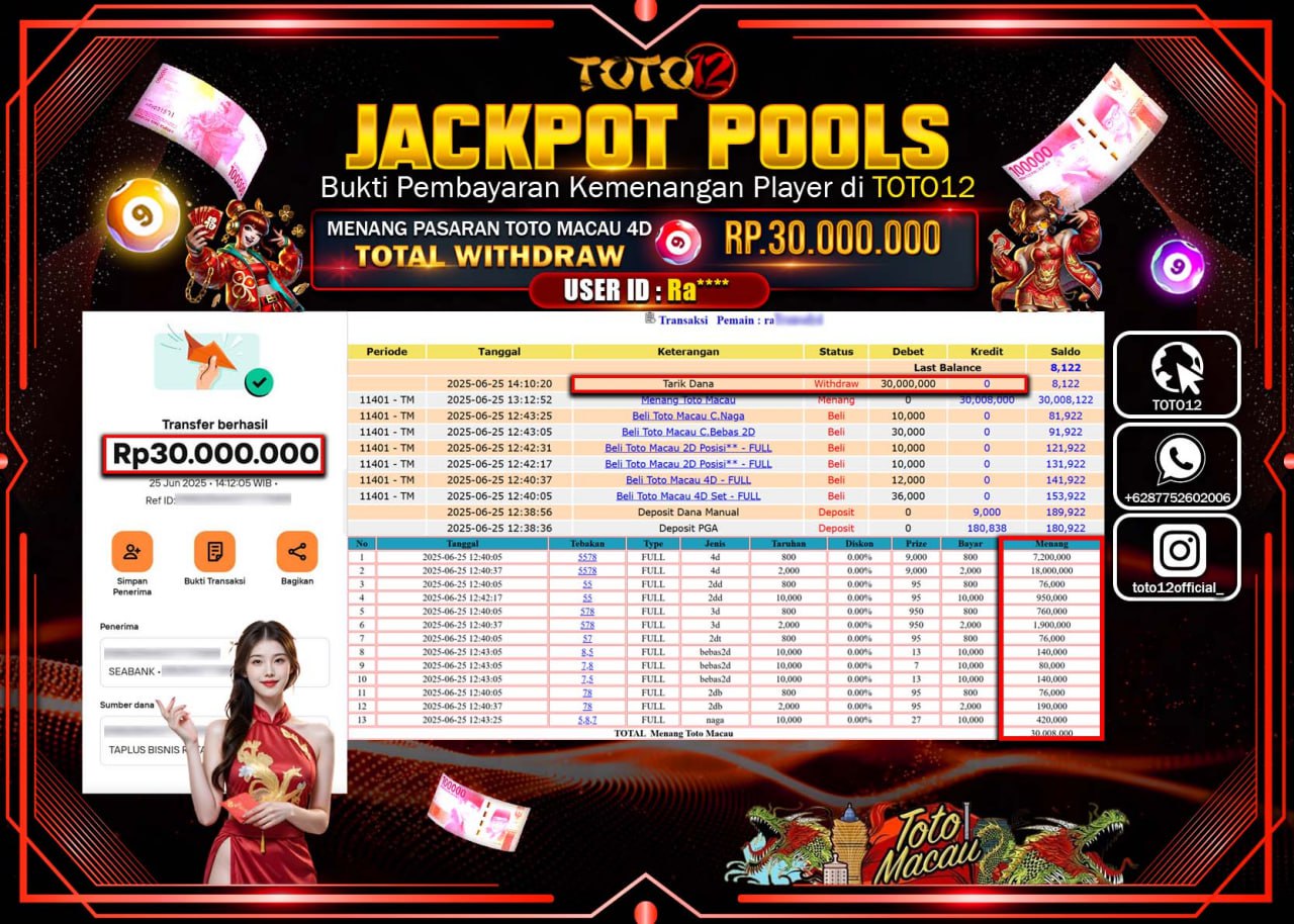 HANYA DI TOTO12 JP PASTI DI BAYAR LUNAS DAN CEPAT!!!!!! JACKPOT POOLS PASARAN (TOTO MACAU4D) Rp.30.000.000 !!!!