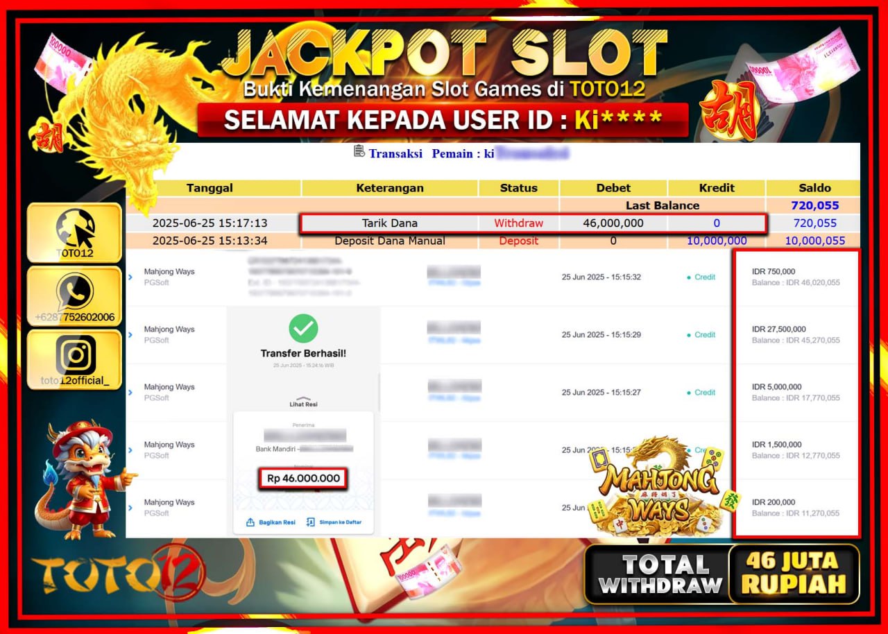 HANYA DI TOTO12 JP PASTI DI BAYAR LUNAS DAN CEPAT!!!!!! JACKPOT SLOT GAME (MAHJONG WAYS) Rp.46.000.000 !!!!