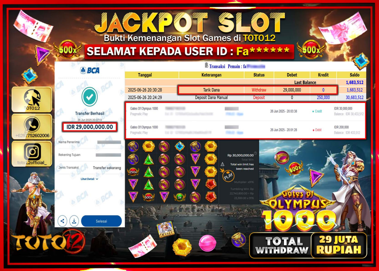 HANYA DI TOTO12 JP PASTI DI BAYAR LUNAS DAN CEPAT!!!!!! JACKPOT SLOT GAME (GATES OF OLYMPUS 1000) Rp.29.000.000 !!!!