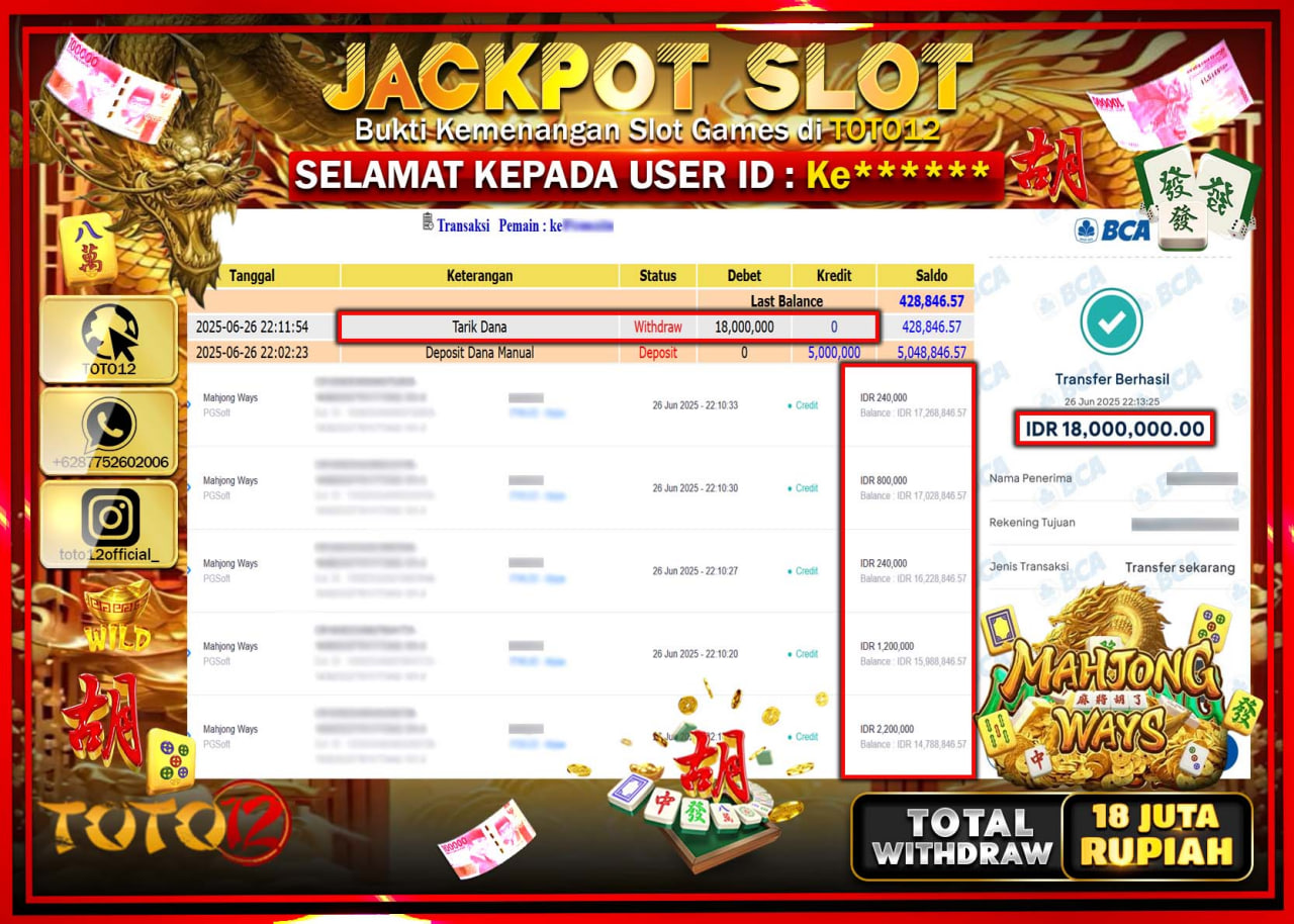 HANYA DI TOTO12 JP PASTI DI BAYAR LUNAS DAN CEPAT!!!!!! JACKPOT SLOT GAME (MAHJONG WAYS) Rp.18.000.000 !!!!