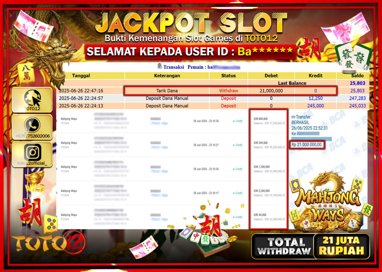 HANYA DI TOTO12 JP PASTI DI BAYAR LUNAS DAN CEPAT!!!!!! JACKPOT SLOT GAME (MAHJONG WAYS) Rp.21.000.000 !!!!