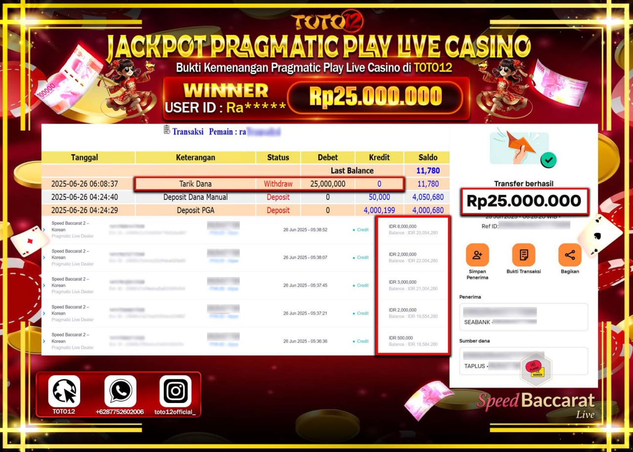 HANYA DI TOTO12 JP PASTI DI BAYAR LUNAS DAN CEPAT!!!!!! JACKPOT PRAGMATIC PLAY LIVE CASINO (SPEED BACCARAT 2) Rp.25.000.000 !!!!