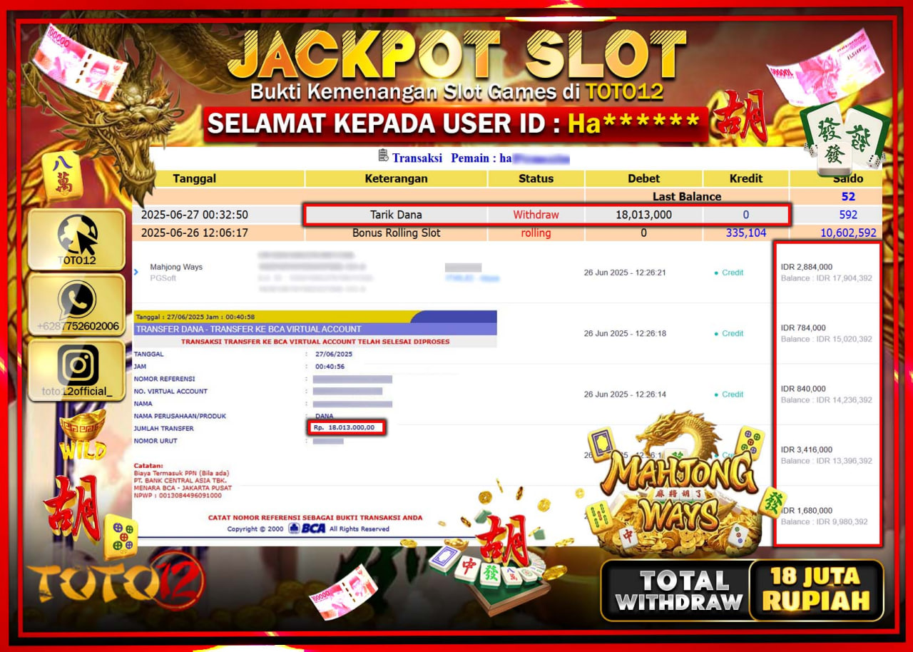 HANYA DI TOTO12 JP PASTI DI BAYAR LUNAS DAN CEPAT!!!!!! JACKPOT SLOT GAME (MAHJONG WAYS) Rp.18.000.000 !!!!