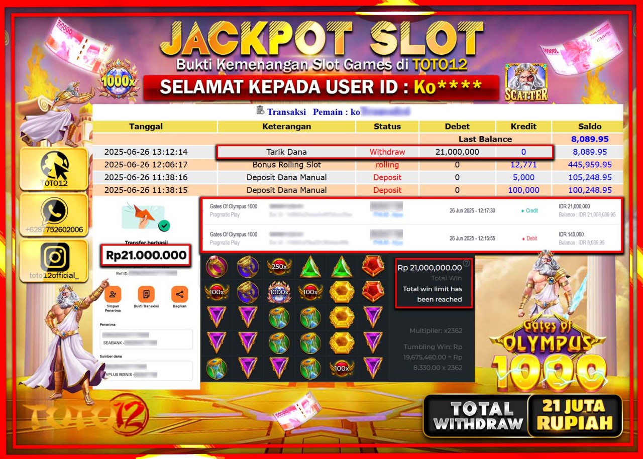 HANYA DI TOTO12 JP PASTI DI BAYAR LUNAS DAN CEPAT!!!!!! JACKPOT SLOT GAME (GATES OF OLYMPUS 1000) Rp.21.000.000 !!!!