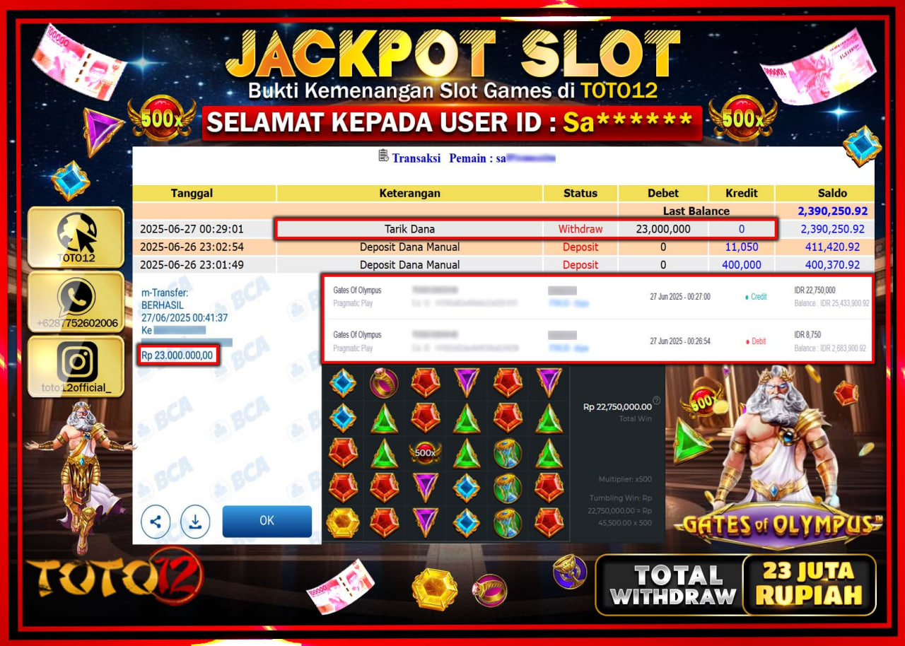 HANYA DI TOTO12 JP PASTI DI BAYAR LUNAS DAN CEPAT!!!!!! JACKPOT SLOT GAME (GATES OF OLYMPUS) Rp.23.000.000 !!!!