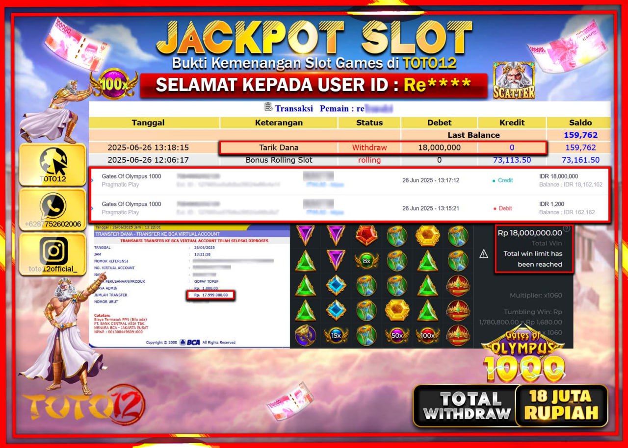 HANYA DI TOTO12 JP PASTI DI BAYAR LUNAS DAN CEPAT!!!!!! JACKPOT SLOT GAME (GATES OF OLYLMPUS 1000) Rp.18.000.000 !!!!