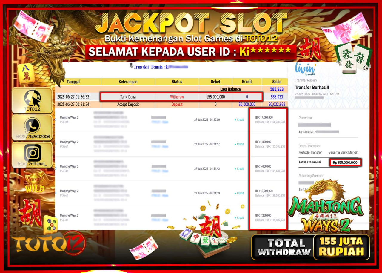 HANYA DI TOTO12 JP PASTI DI BAYAR LUNAS DAN CEPAT!!!!!! JACKPOT SLOT GAME (MAHJONG WAYS 2) Rp.155.000.000 !!!!