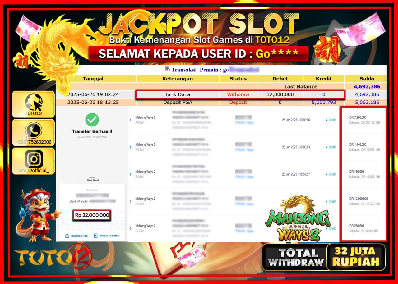 HANYA DI TOTO12 JP PASTI DI BAYAR LUNAS DAN CEPAT!!!!!! JACKPOT SLOT GAME (MAHJONG WAYS 2) Rp.32.000.000 !!!!