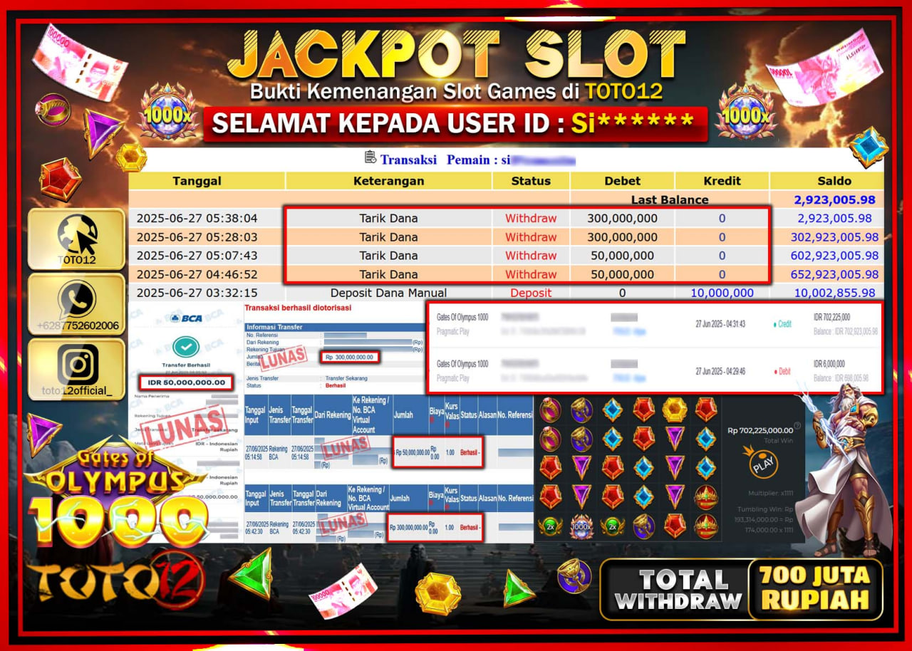 HANYA DI TOTO12 JP PASTI DI BAYAR LUNAS DAN CEPAT!!!!!! JACKPOT SLOT GAME (GATES OF OLYMPUS 1000) Rp.700.000.000 !!!!